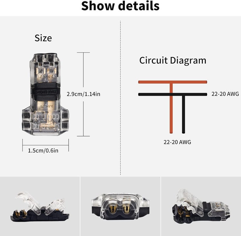 PAUTIX 10 Pcs Wire Connectors,2 Pin 2 Way Low Voltage Universal Compact Wire T Tap Splitters Connectors,18-22AWG Electrical Wire Connection Self-Stripping Quick Splice,for COB LED Strip Lights - Image 3